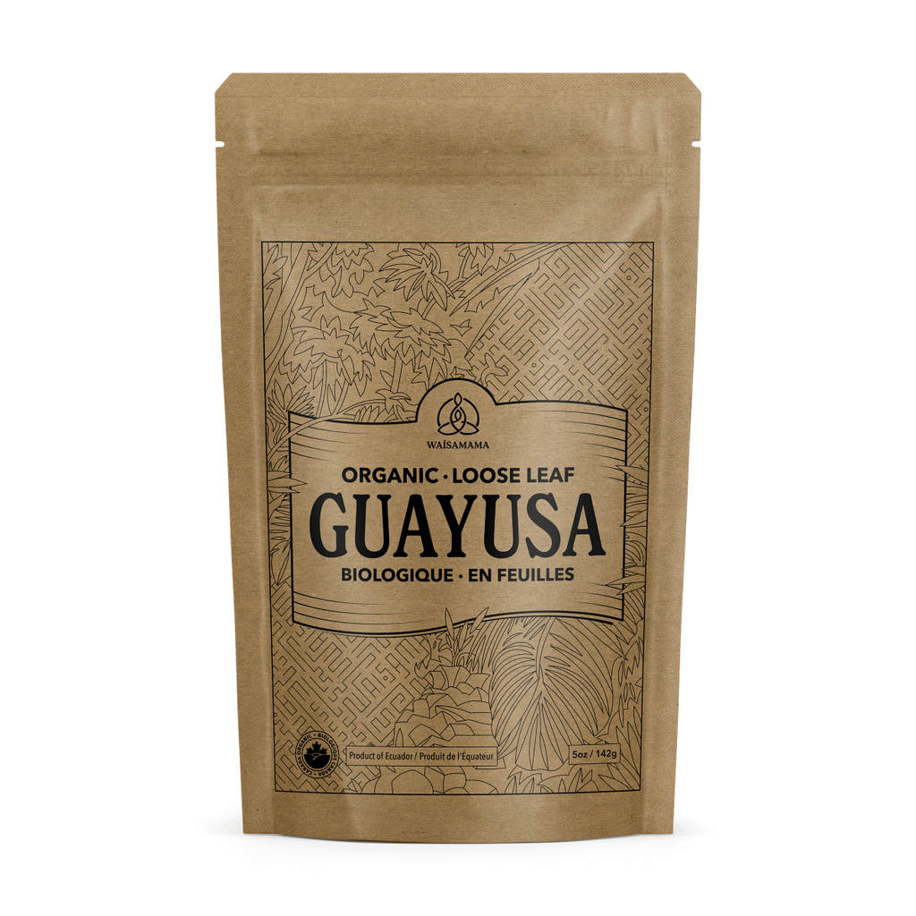 Kraft paper package of organic loose leaf Guayusa with decorative elements on a white background